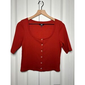 PAIGE Red Ribbed Short Sleeve Button Front Top Crop Cardigan M